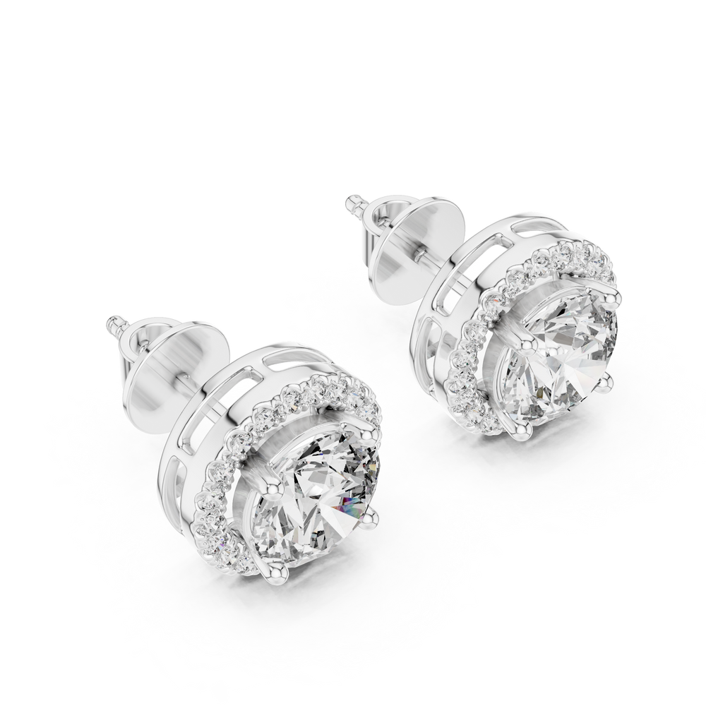 Prong-set round brilliant solitaire stud earrings with a stone-set round halo border