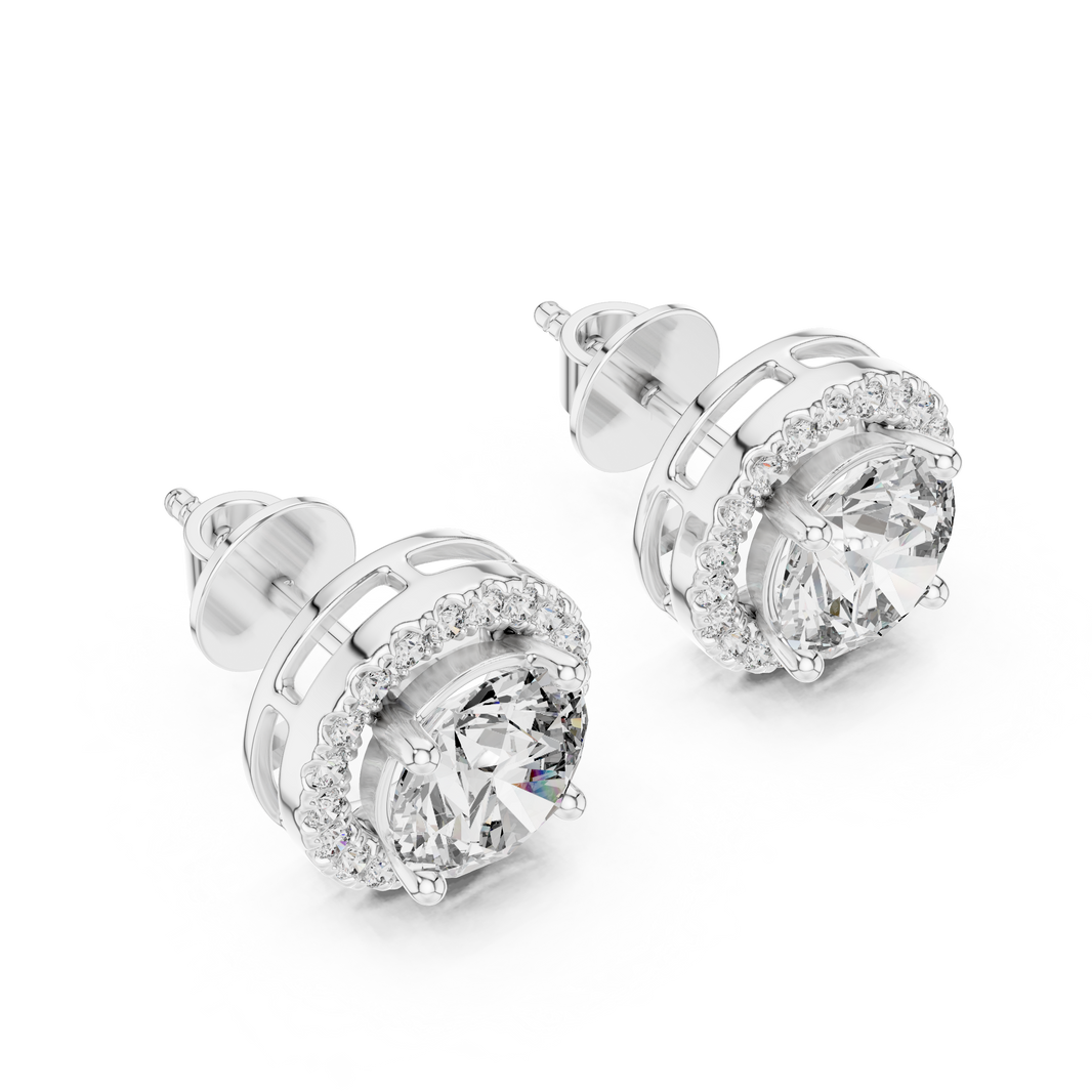 Prong-set round brilliant solitaire stud earrings with a stone-set round halo border