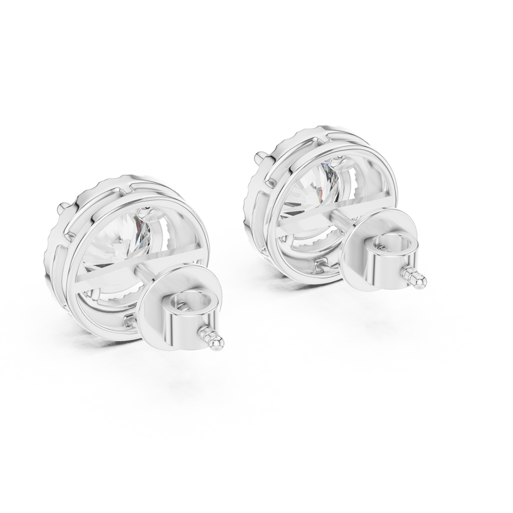 Prong-set round brilliant solitaire stud earrings with a stone-set round halo border