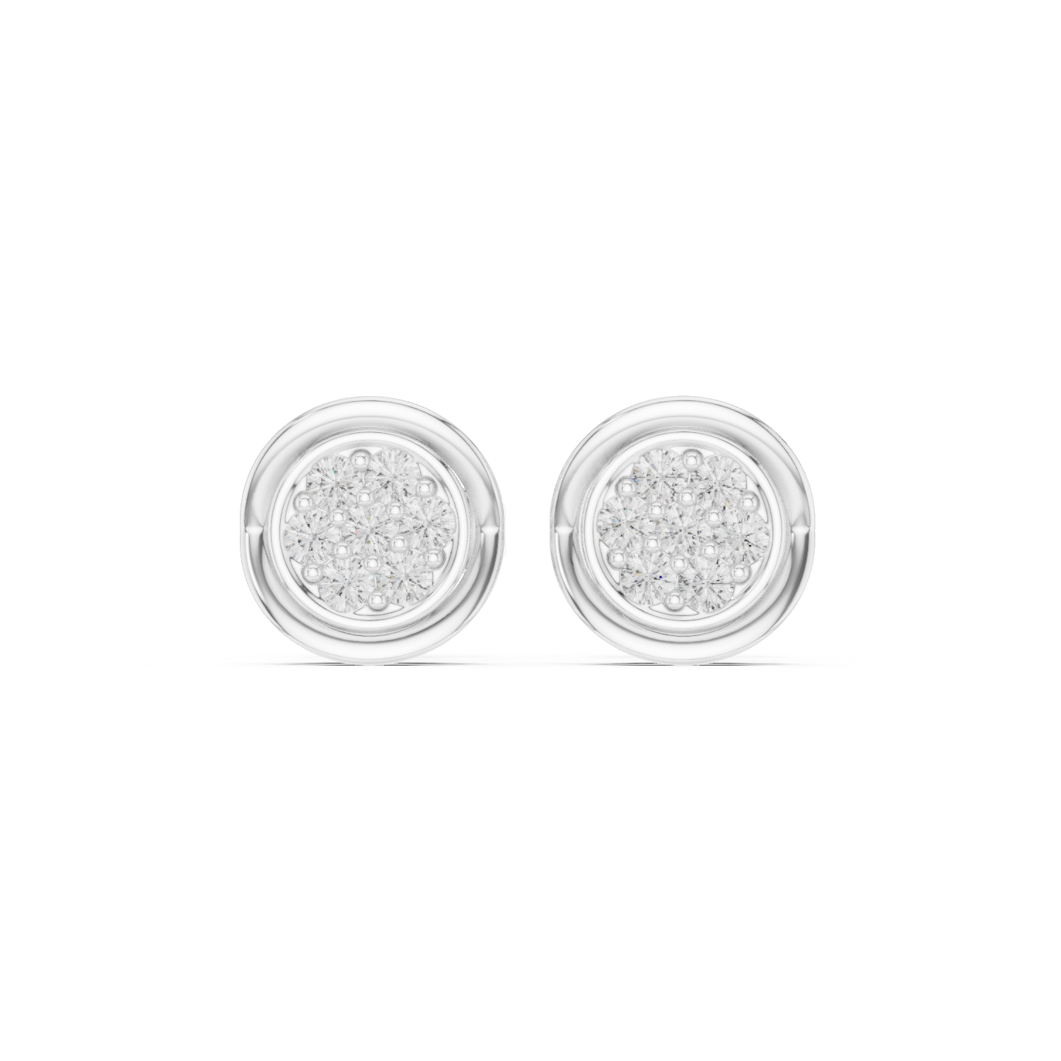 Round pave cluster diamond stud earrings with swirl frame and push back setting