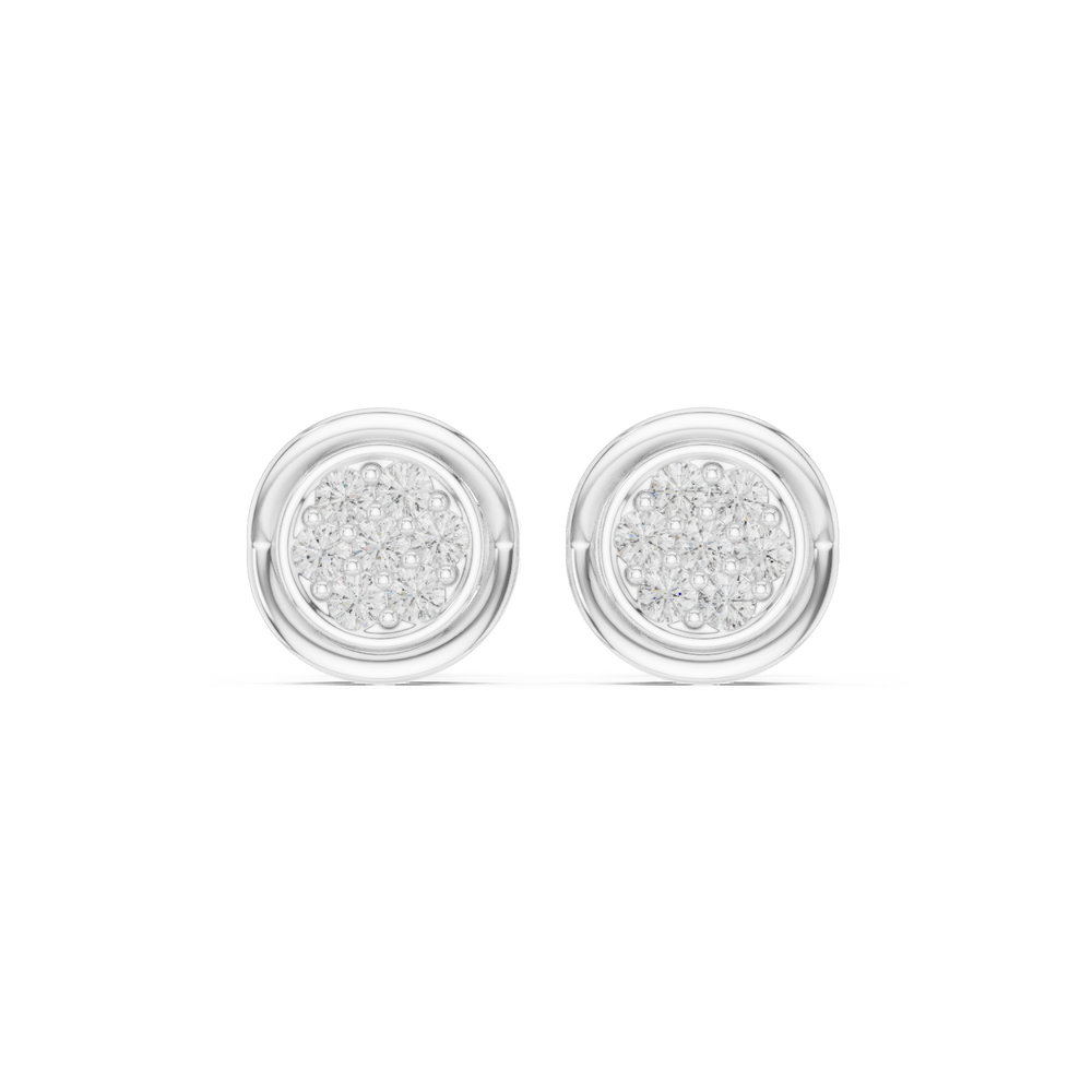 Round pave cluster diamond stud earrings with swirl frame and push back setting