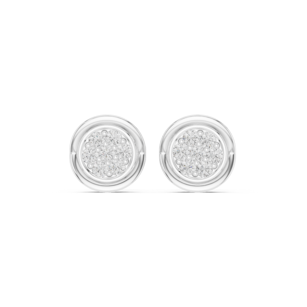 Round pave cluster diamond stud earrings with swirl frame and push back setting