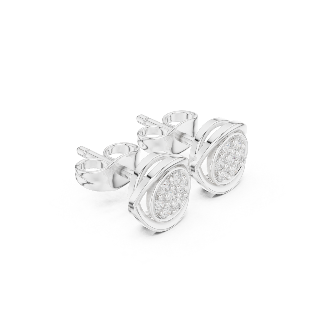 Round pave cluster diamond stud earrings with swirl frame and push back setting