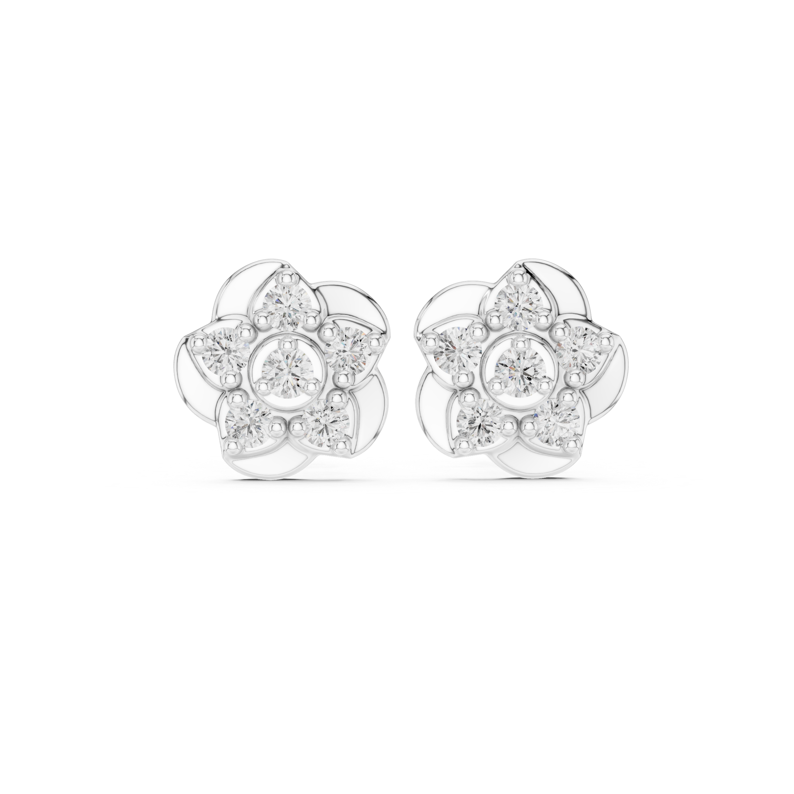 Round petal floral cluster stud earrings with five petal smooth flower frame and round stone cluster with bezel set centre stone