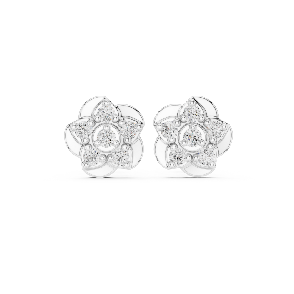 Round petal floral cluster stud earrings with five petal smooth flower frame and round stone cluster with bezel set centre stone