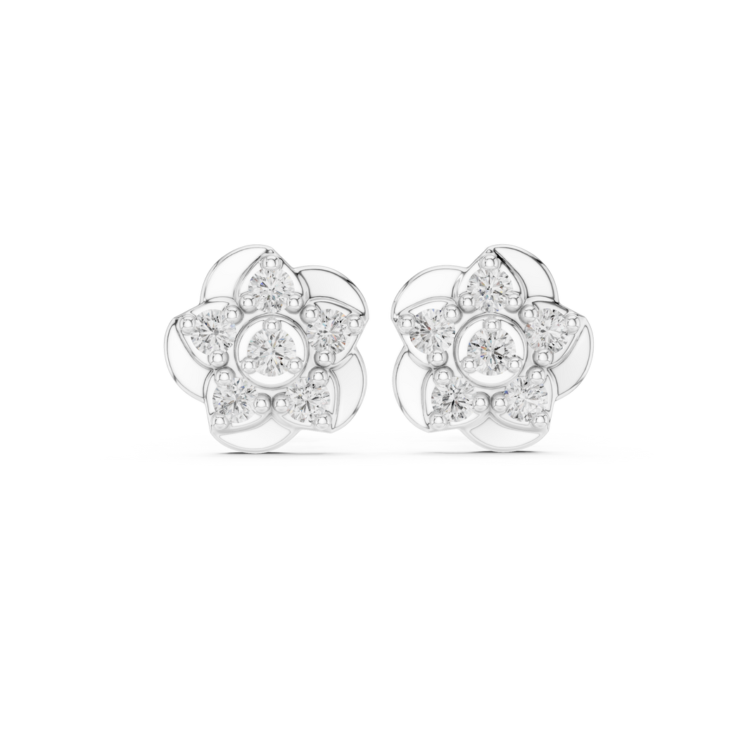 Round petal floral cluster stud earrings with five petal smooth flower frame and round stone cluster with bezel set centre stone