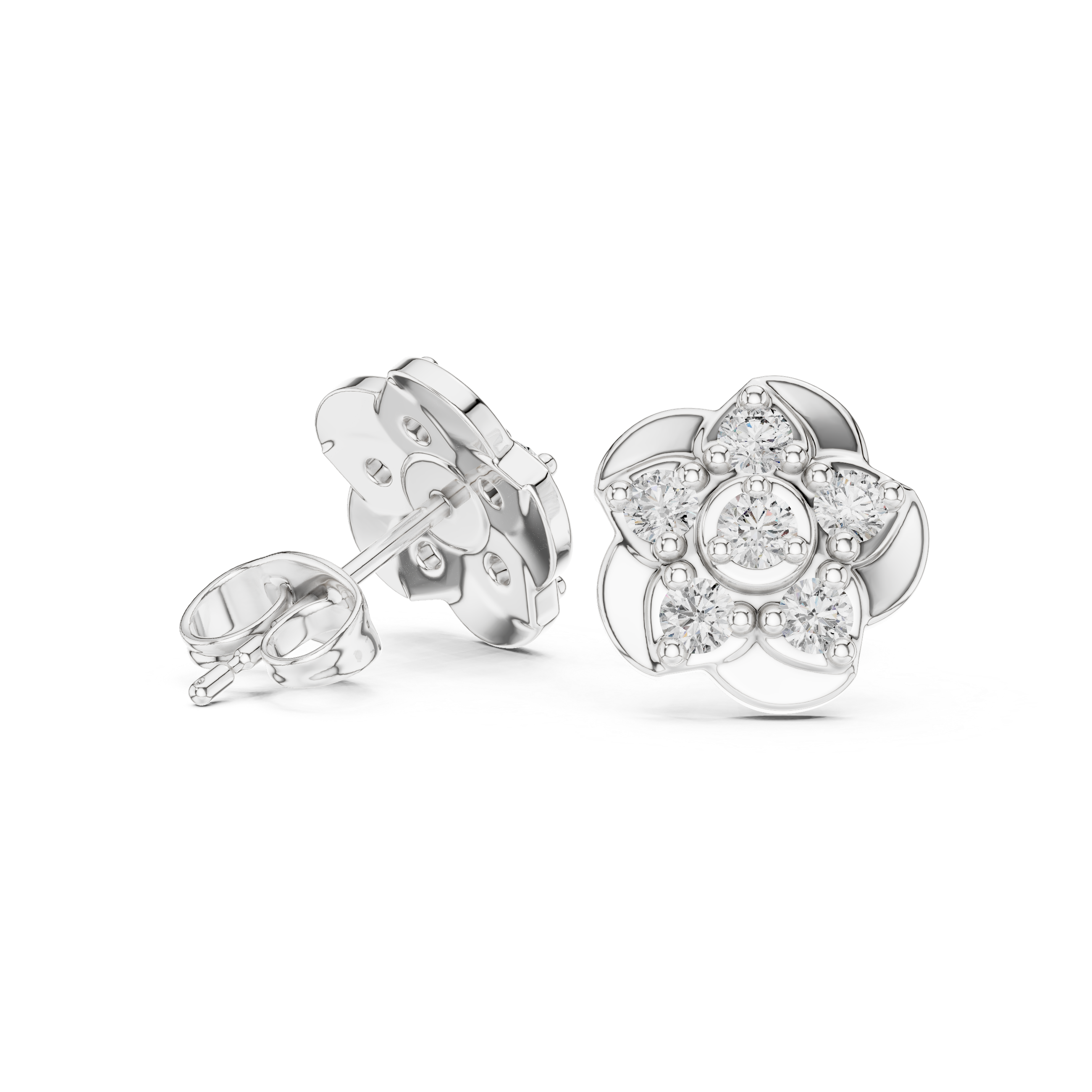 Round petal floral cluster stud earrings with five petal smooth flower frame and round stone cluster with bezel set centre stone