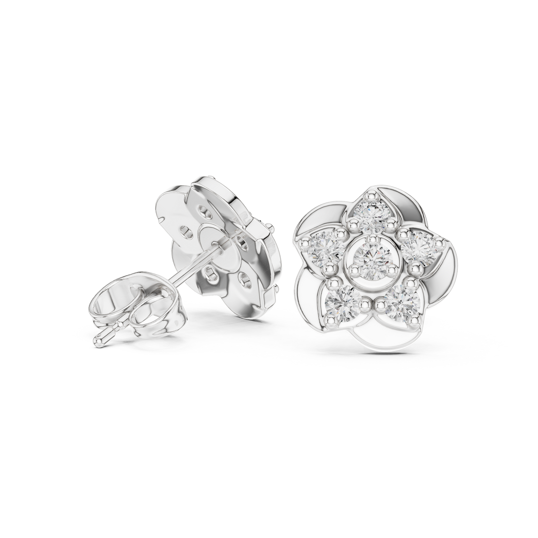 Round petal floral cluster stud earrings with five petal smooth flower frame and round stone cluster with bezel set centre stone