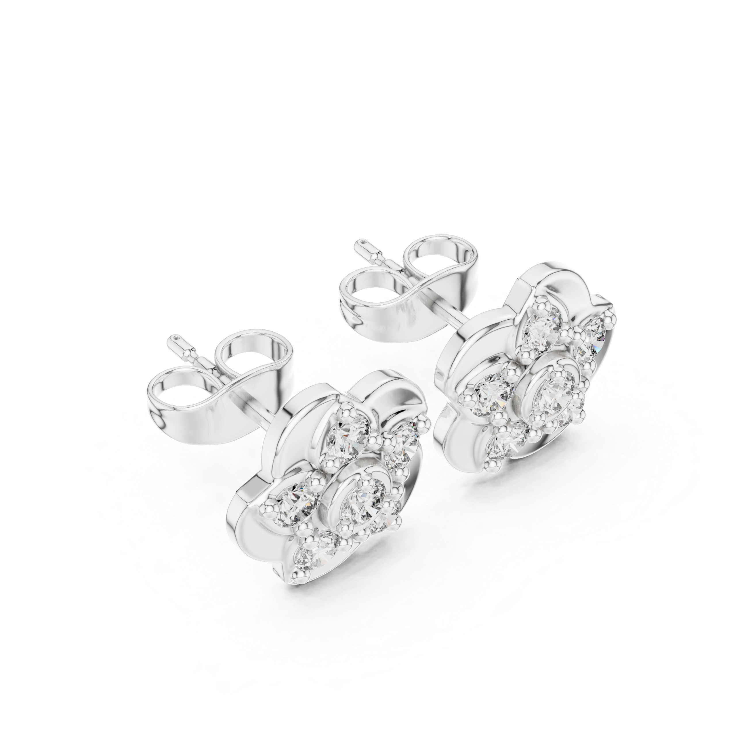 Round petal floral cluster stud earrings with five petal smooth flower frame and round stone cluster with bezel set centre stone