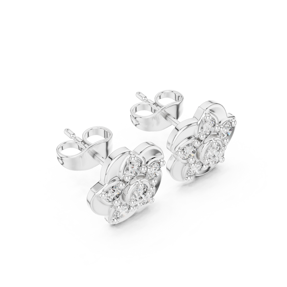 Round petal floral cluster stud earrings with five petal smooth flower frame and round stone cluster with bezel set centre stone