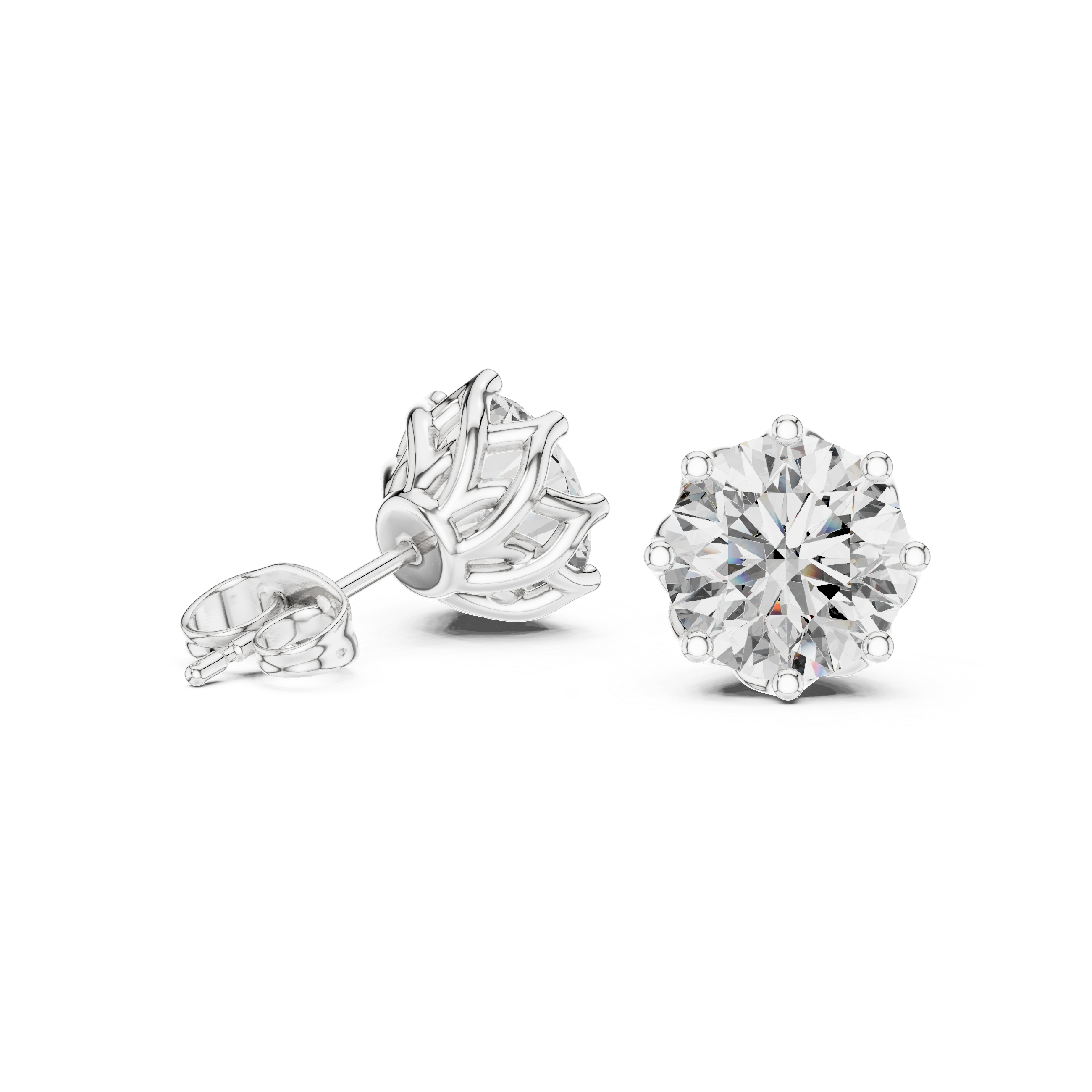 Round solitaire eight prong stud earrings with large brilliant round centre stone