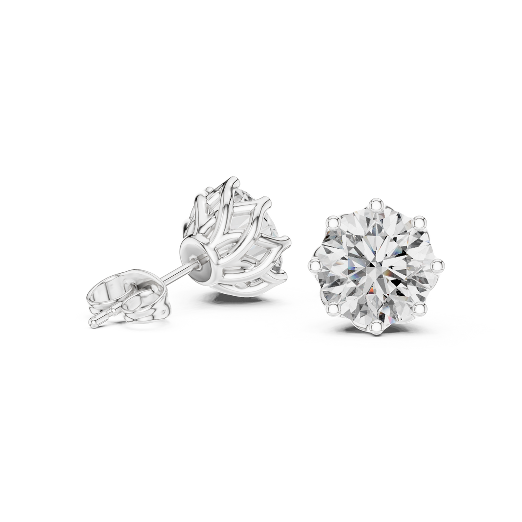 Round solitaire eight prong stud earrings with large brilliant round centre stone