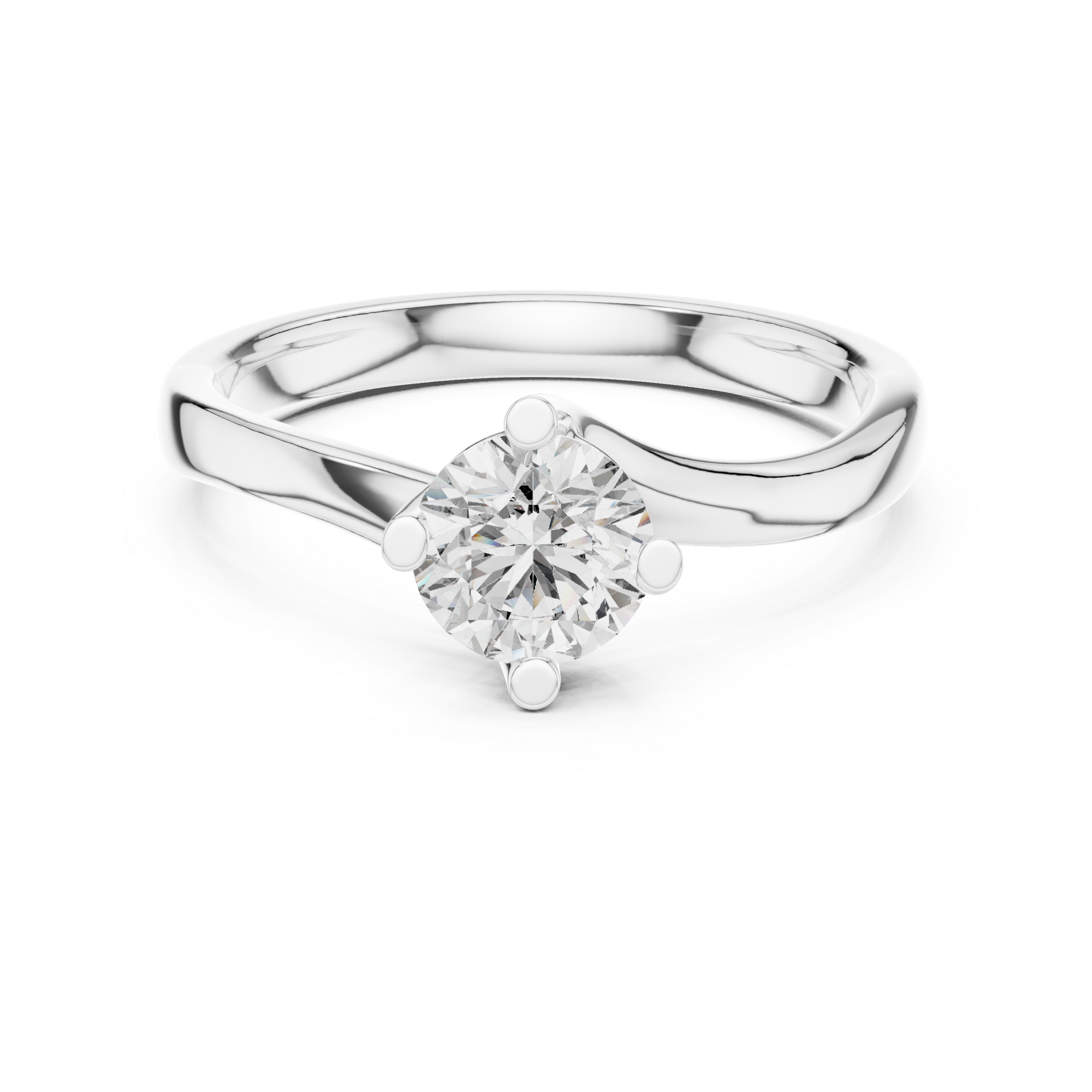 Round solitaire twist engagement ring with four prong setting and flowing bypass band