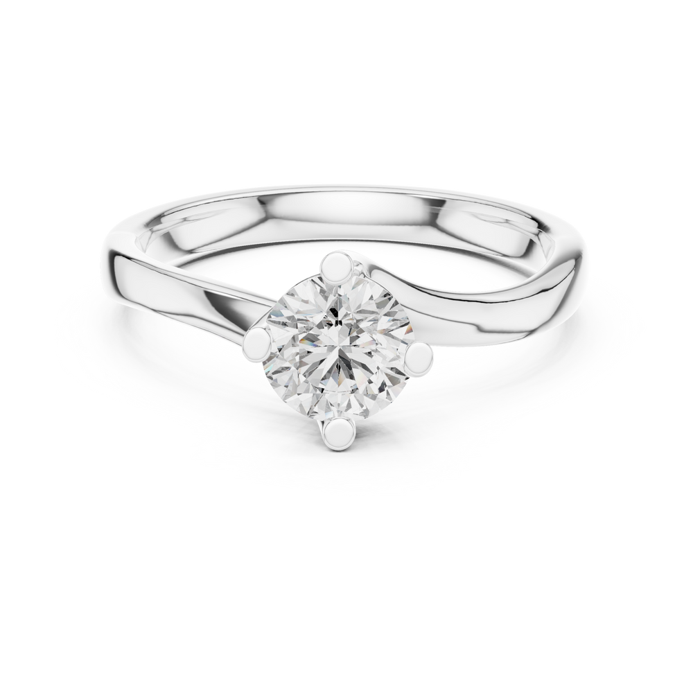 Round solitaire twist engagement ring with four prong setting and flowing bypass band