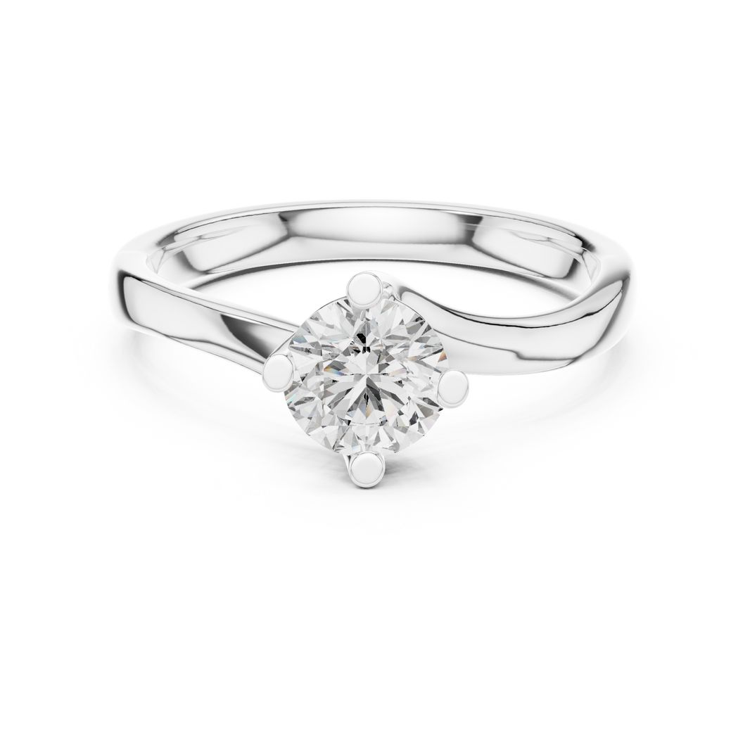 Round solitaire twist engagement ring with four prong setting and flowing bypass band