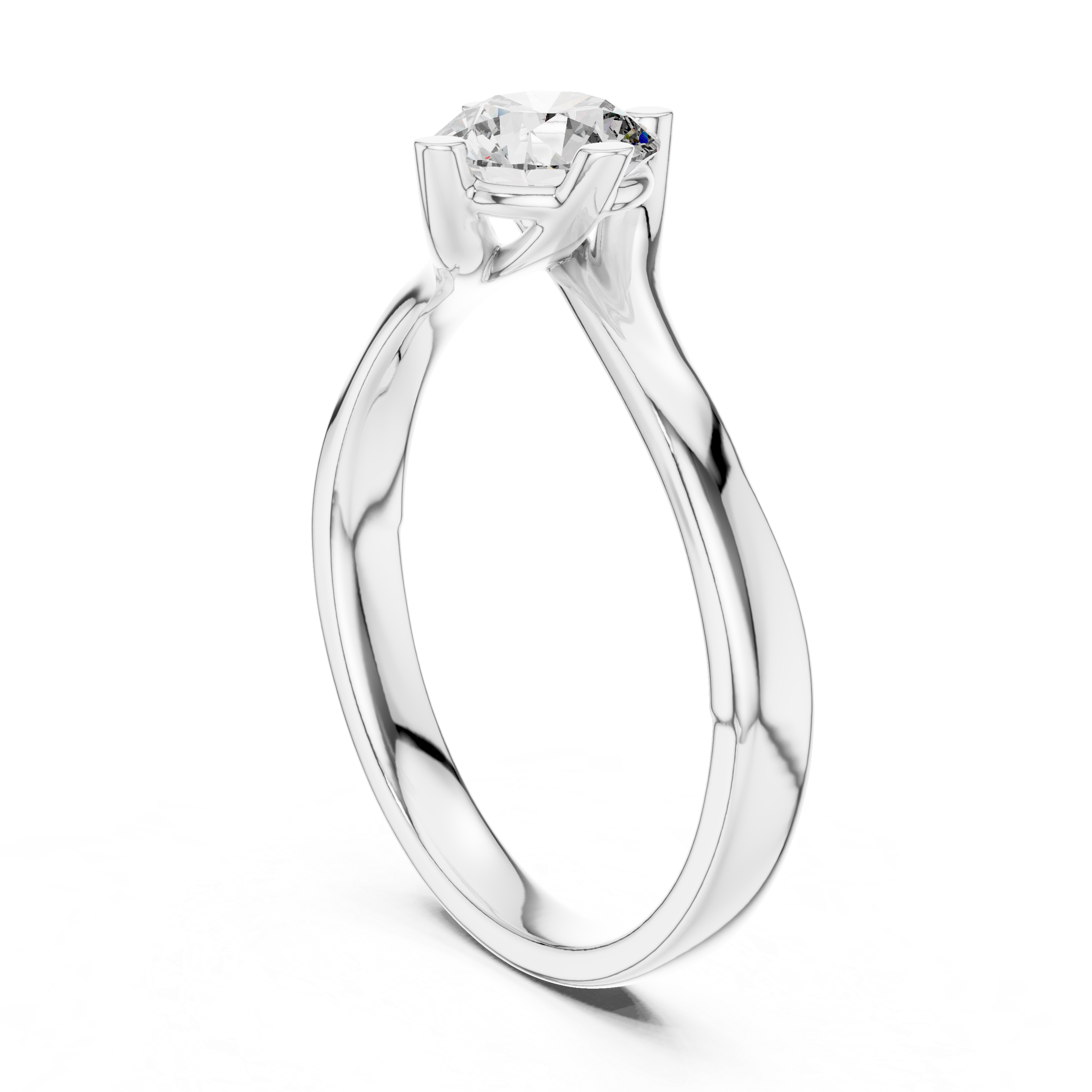 Round solitaire twist engagement ring with four prong setting and flowing bypass band