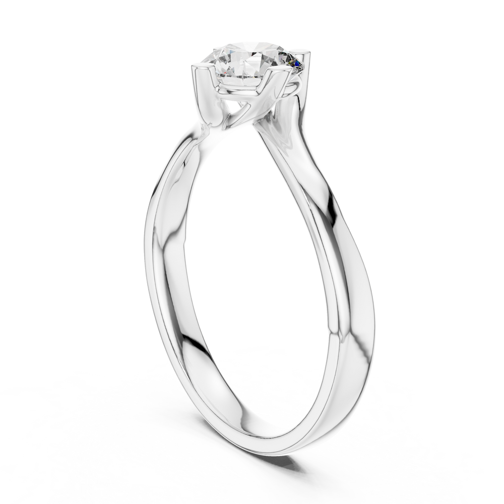Round solitaire twist engagement ring with four prong setting and flowing bypass band