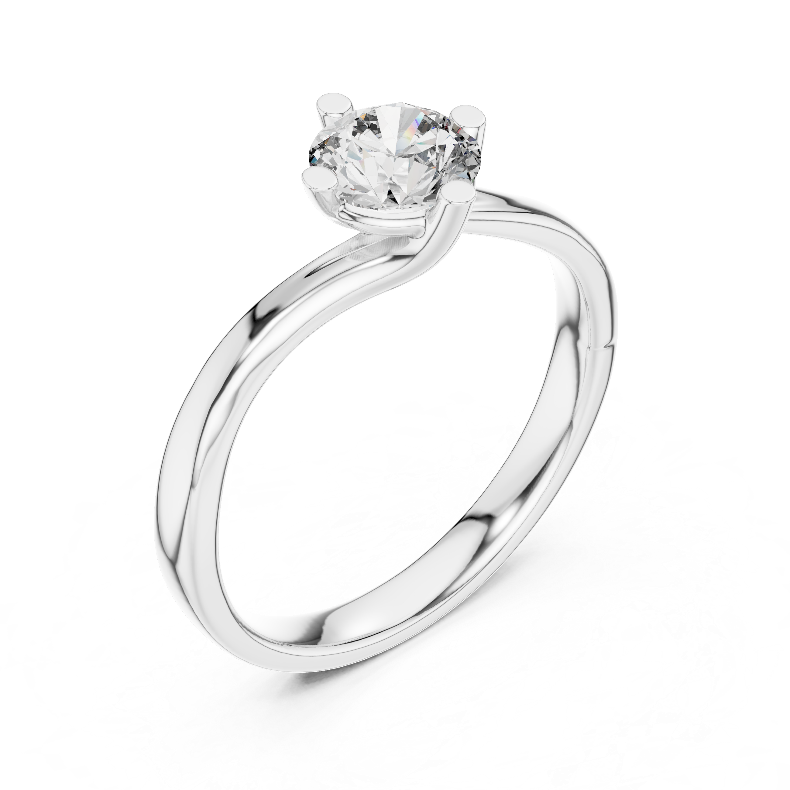 Round solitaire twist engagement ring with four prong setting and flowing bypass band