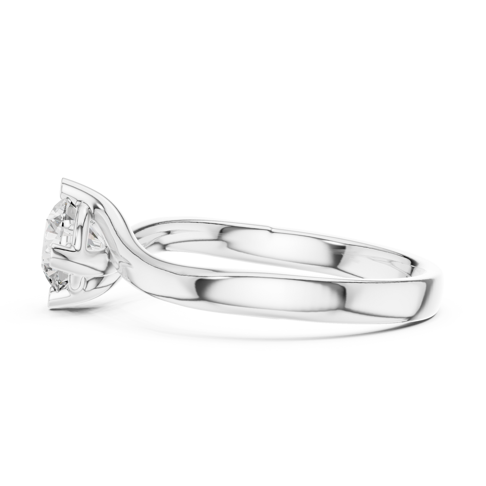 Round solitaire twist engagement ring with four prong setting and flowing bypass band