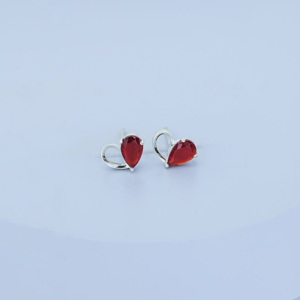 Ruby red heart loop stud earrings with open teardrop swirl base and pear stone top