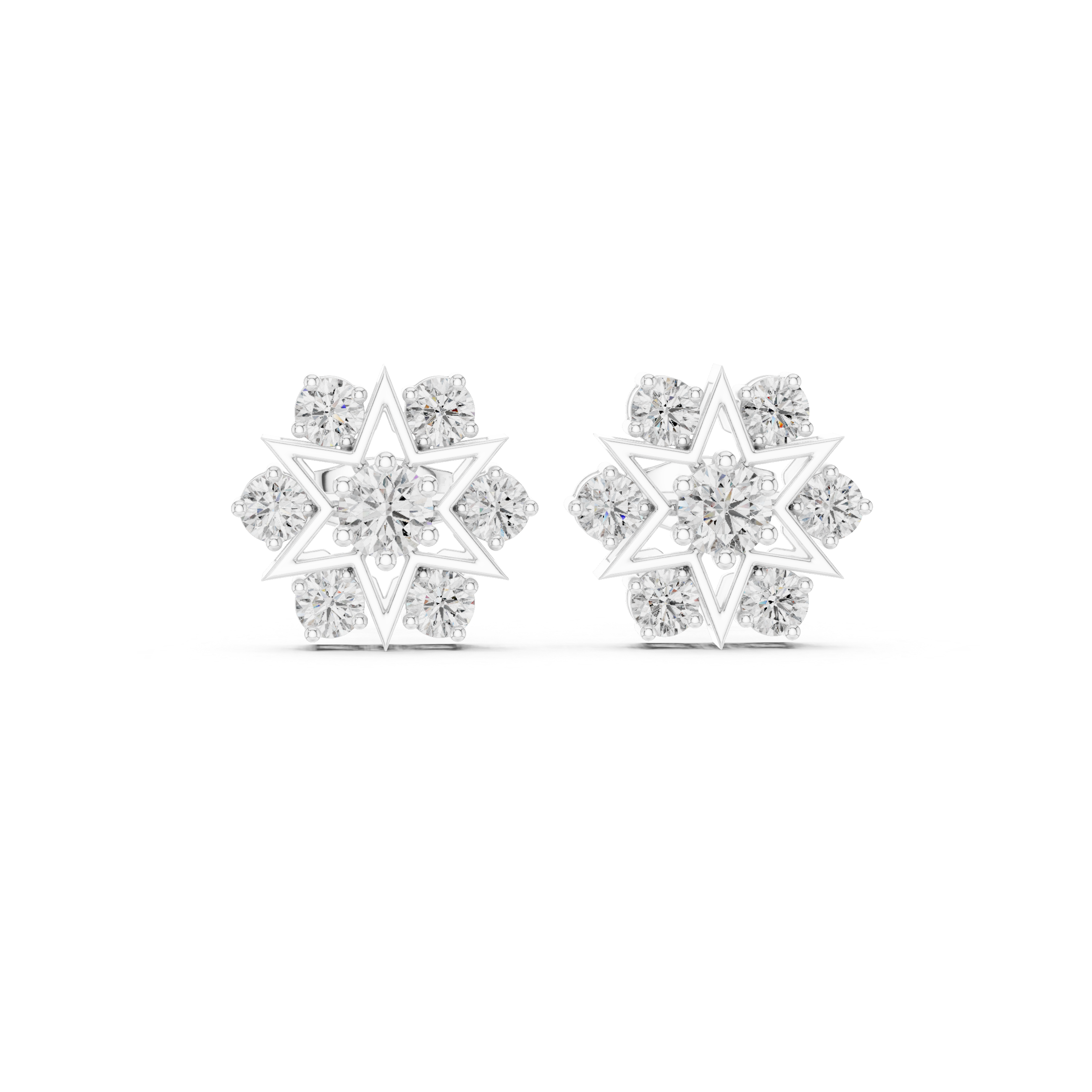 Round brilliant cluster stud earrings with a Shatkona six-pointed star outline frame