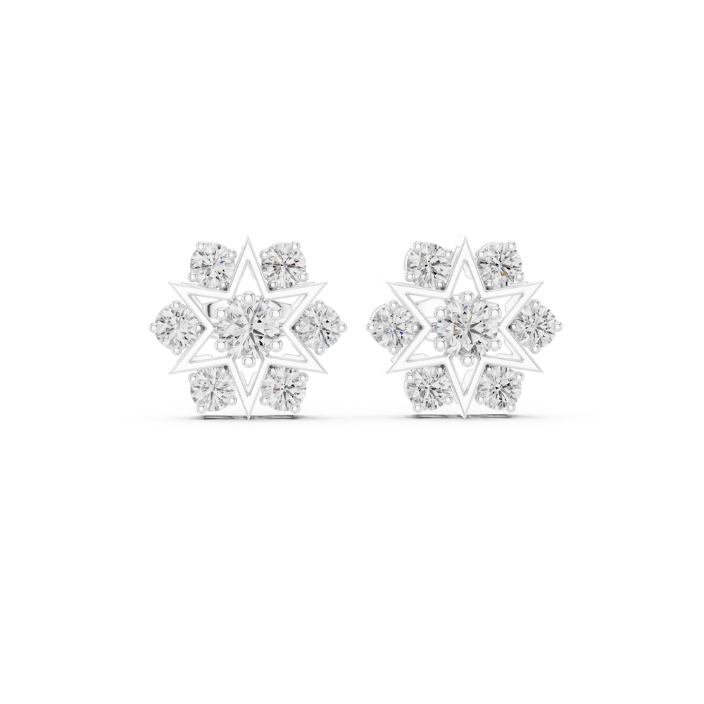Round brilliant cluster stud earrings with a Shatkona six-pointed star outline frame