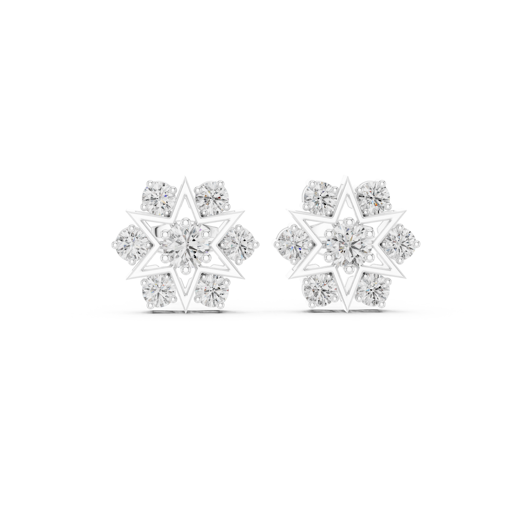 Round brilliant cluster stud earrings with a Shatkona six-pointed star outline frame