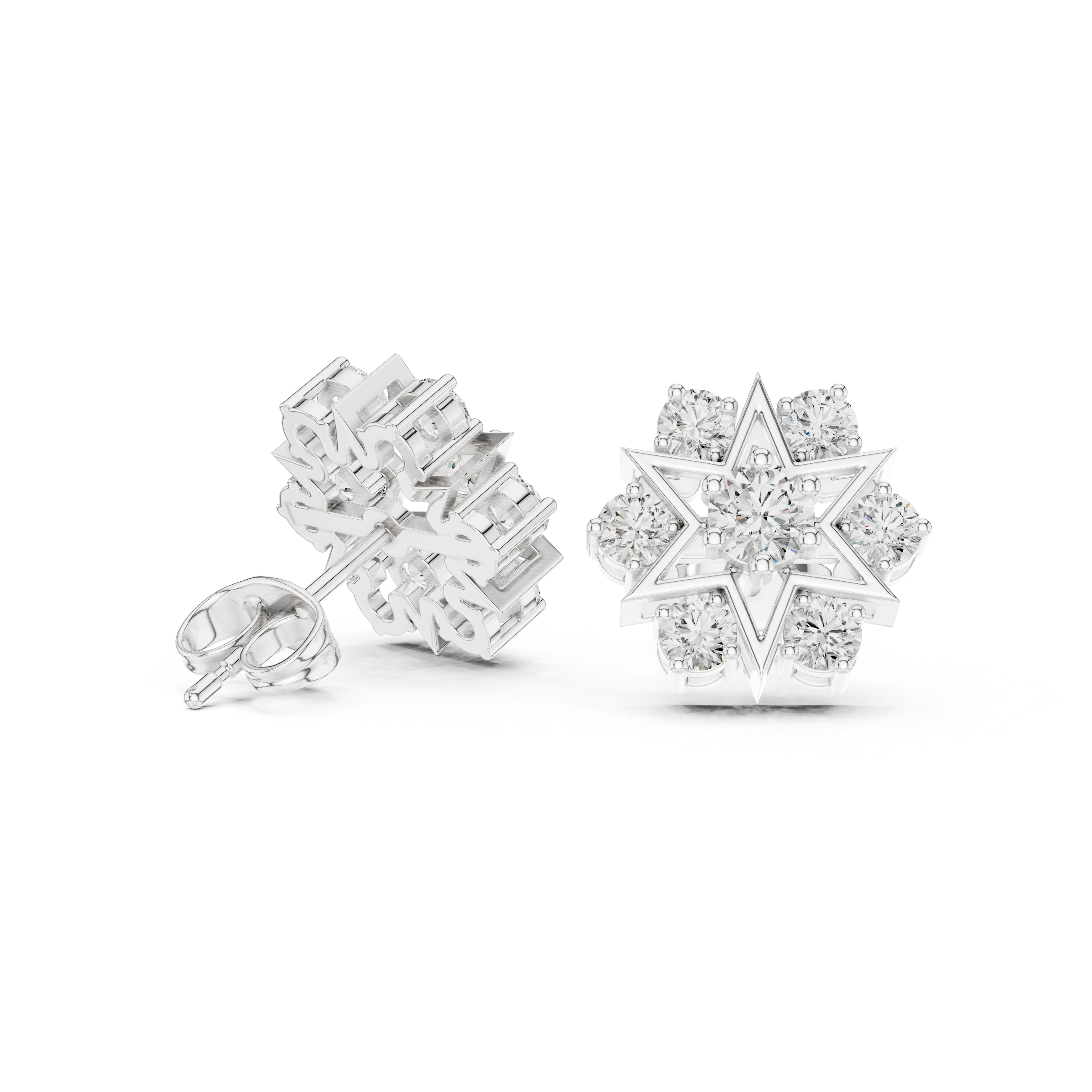 Round brilliant cluster stud earrings with a Shatkona six-pointed star outline frame