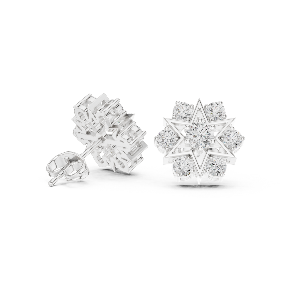 Round brilliant cluster stud earrings with a Shatkona six-pointed star outline frame