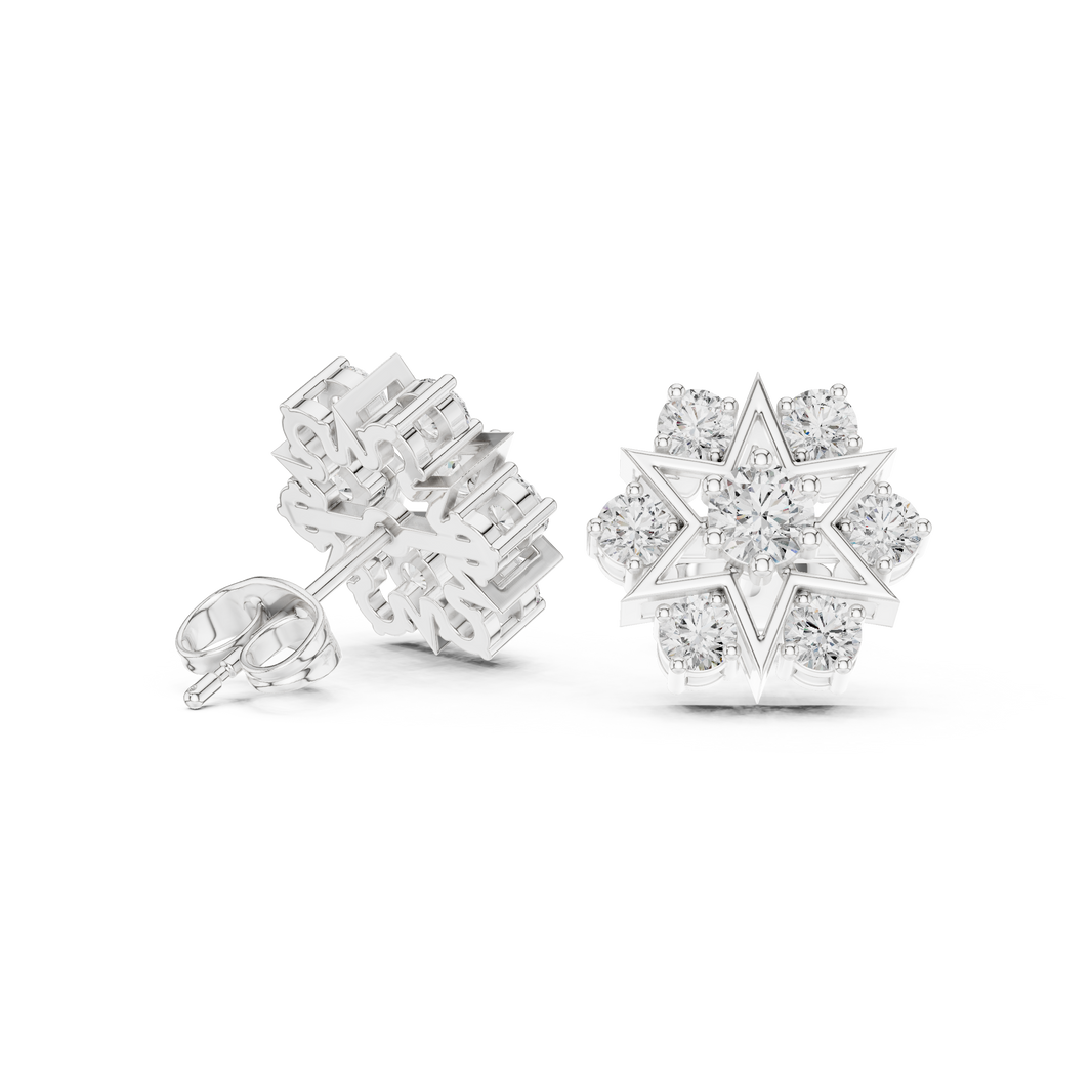 Round brilliant cluster stud earrings with a Shatkona six-pointed star outline frame