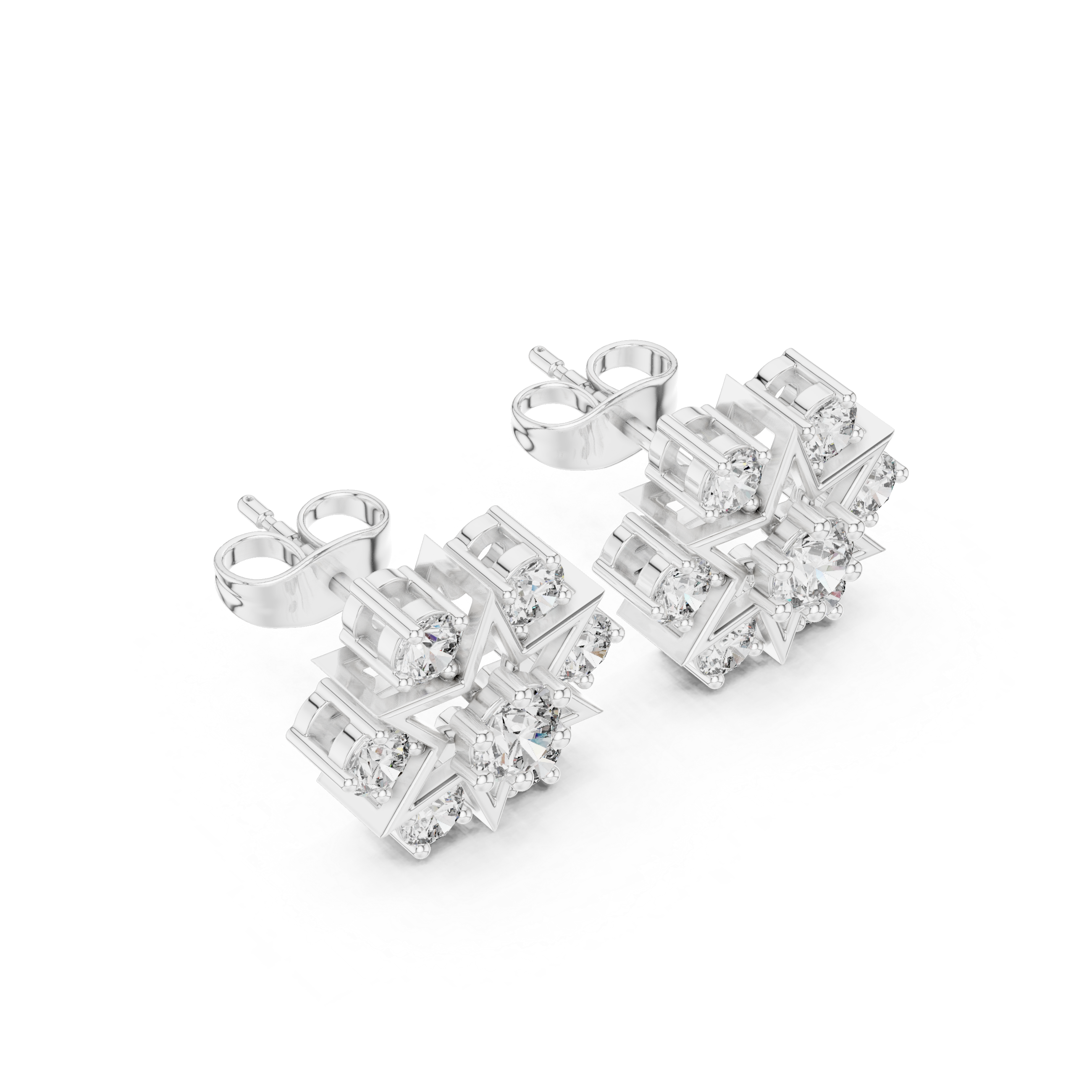 Round brilliant cluster stud earrings with a Shatkona six-pointed star outline frame