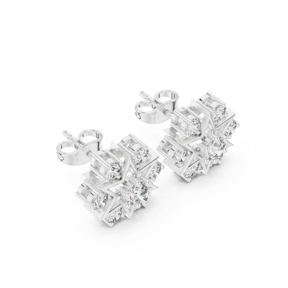 Round brilliant cluster stud earrings with a Shatkona six-pointed star outline frame