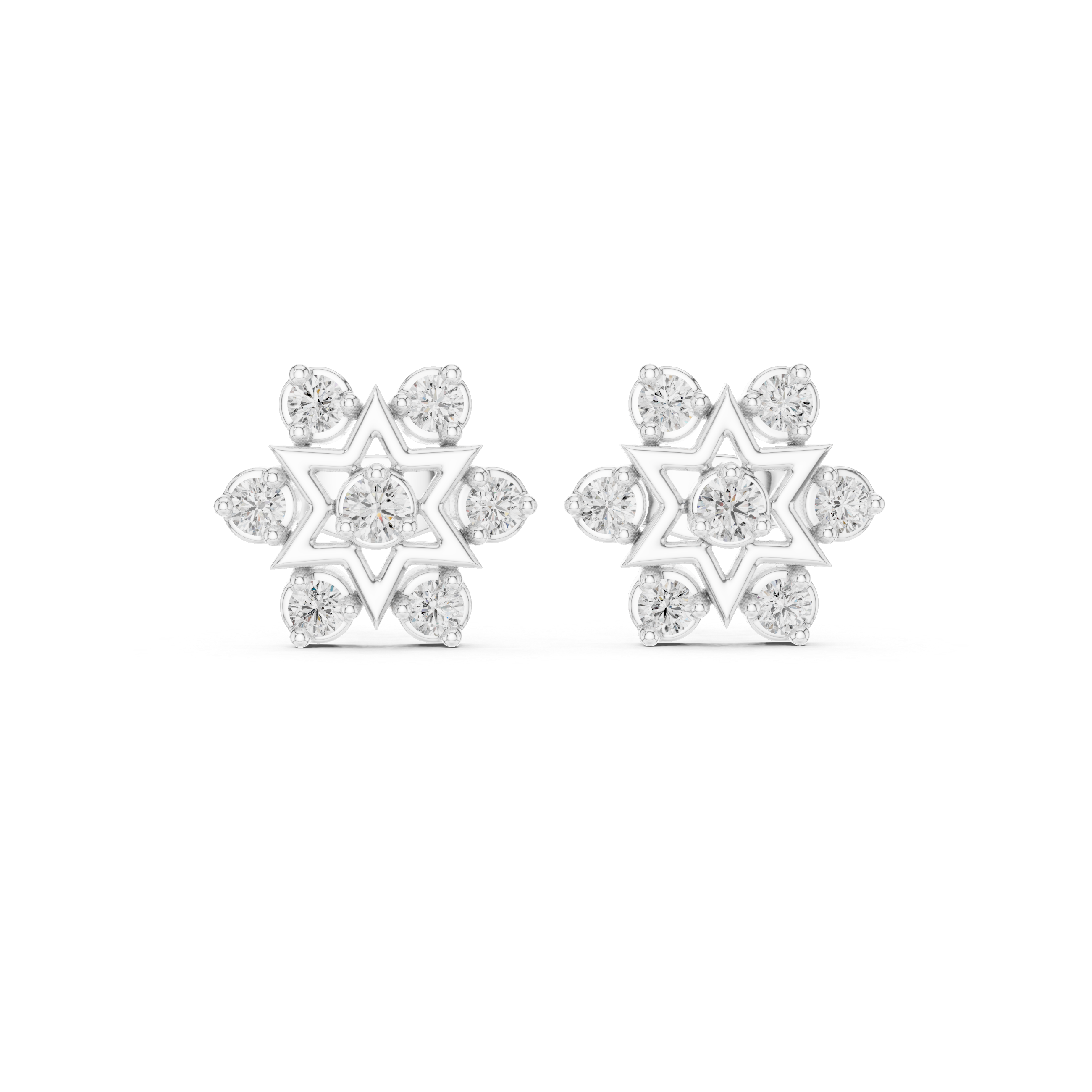 Shatkona star cluster stud earrings with open six pointed star frame and round stone cluster surrounding the centre
