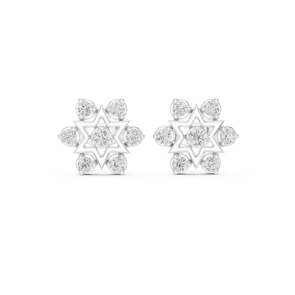Shatkona star cluster stud earrings with open six pointed star frame and round stone cluster surrounding the centre