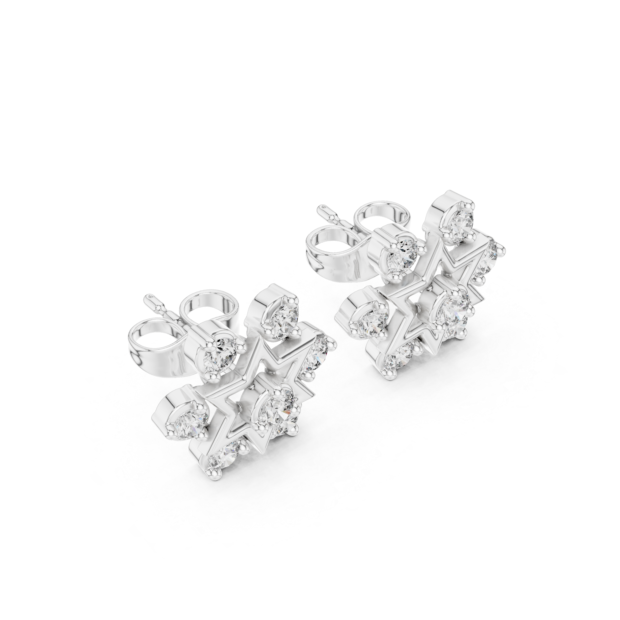 Shatkona star cluster stud earrings with open six pointed star frame and round stone cluster surrounding the centre