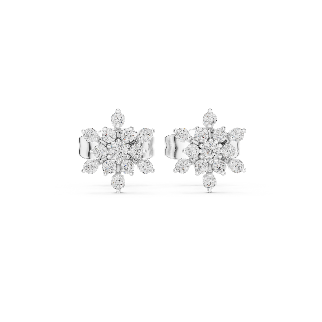 Round brilliant prong-set cluster stud earrings in a snowflake pattern with radiating diamond-tipped arms and a pavé centre