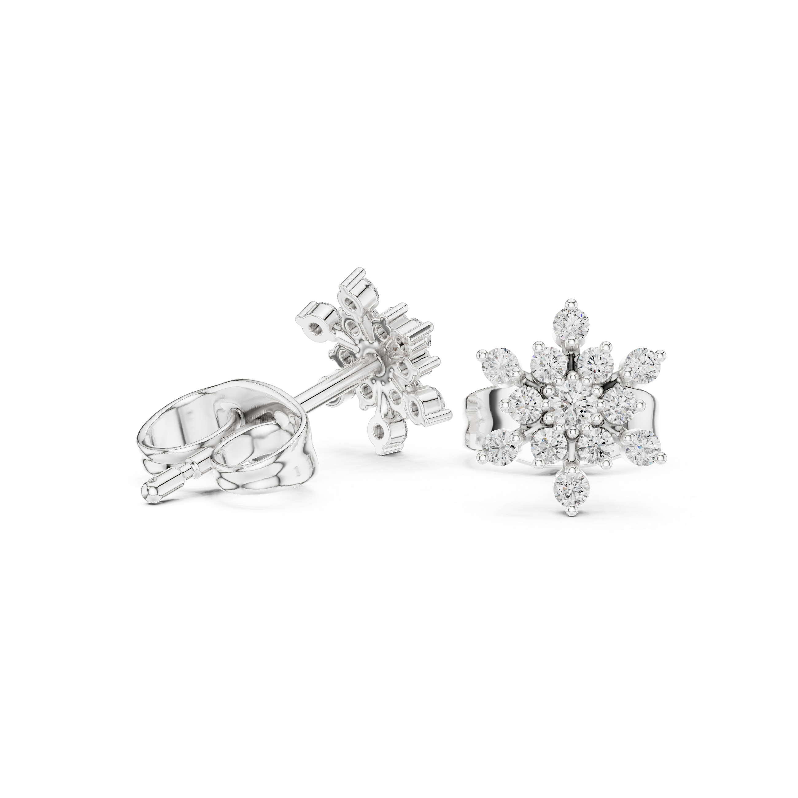 Round brilliant prong-set cluster stud earrings in a snowflake pattern with radiating diamond-tipped arms and a pavé centre