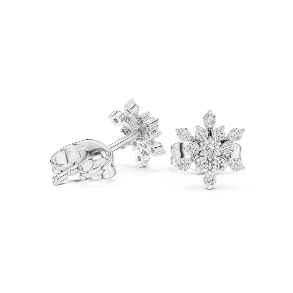 Round brilliant prong-set cluster stud earrings in a snowflake pattern with radiating diamond-tipped arms and a pavé centre