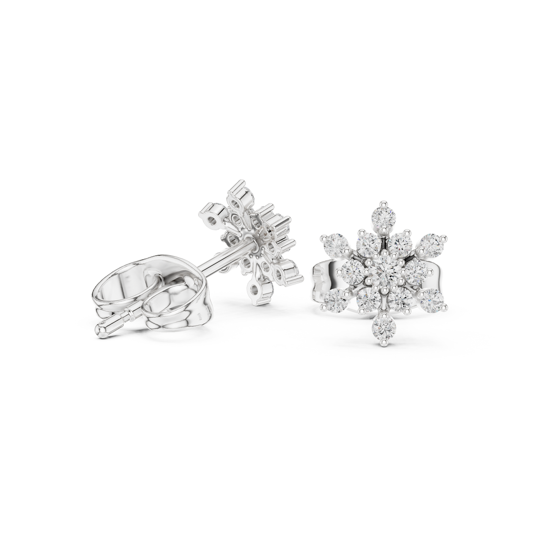 Round brilliant prong-set cluster stud earrings in a snowflake pattern with radiating diamond-tipped arms and a pavé centre
