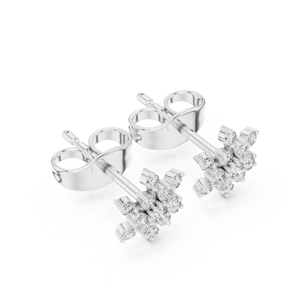 Round brilliant prong-set cluster stud earrings in a snowflake pattern with radiating diamond-tipped arms and a pavé centre