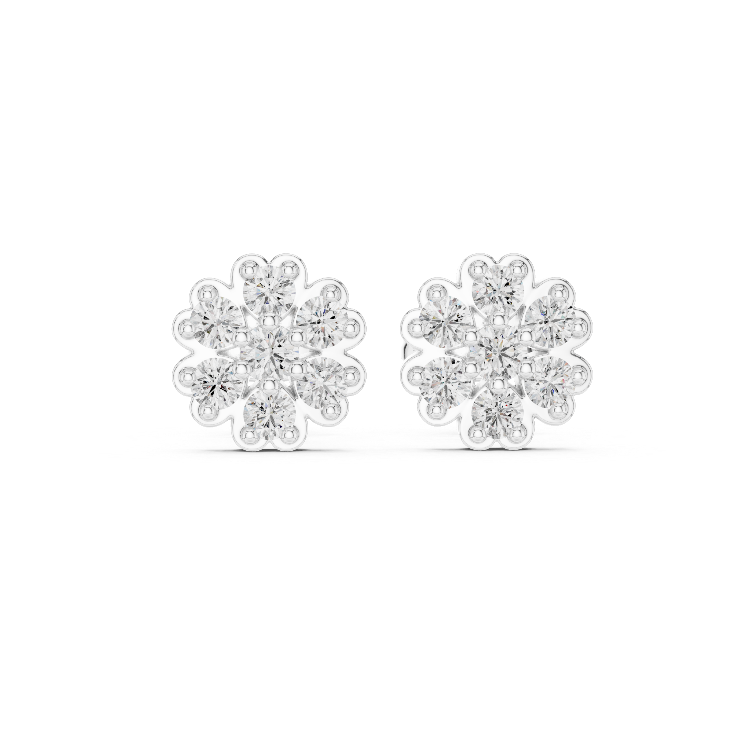 Snowflake cluster stud earrings with scalloped edge and sparkling stone detailing