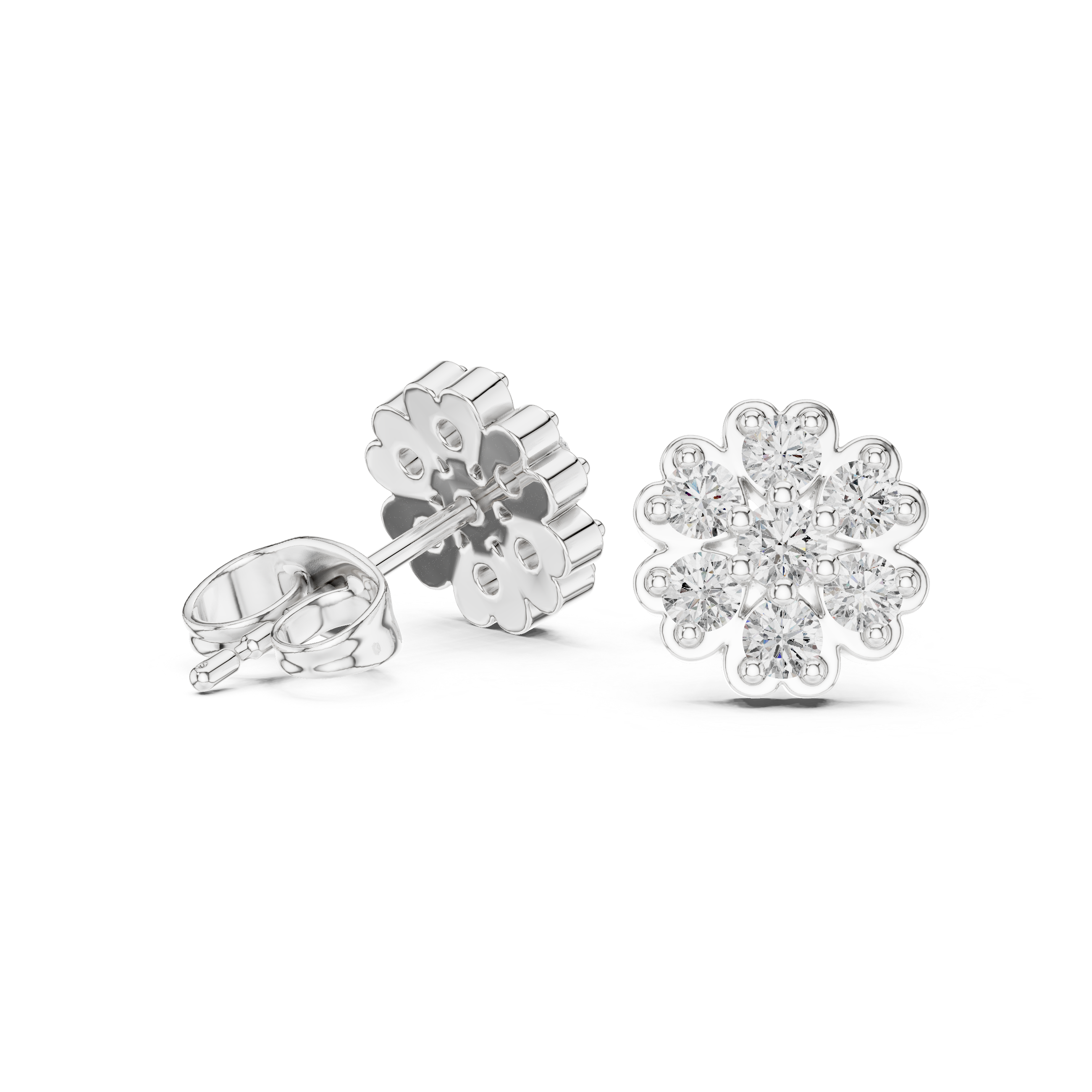 Snowflake cluster stud earrings with scalloped edge and sparkling stone detailing