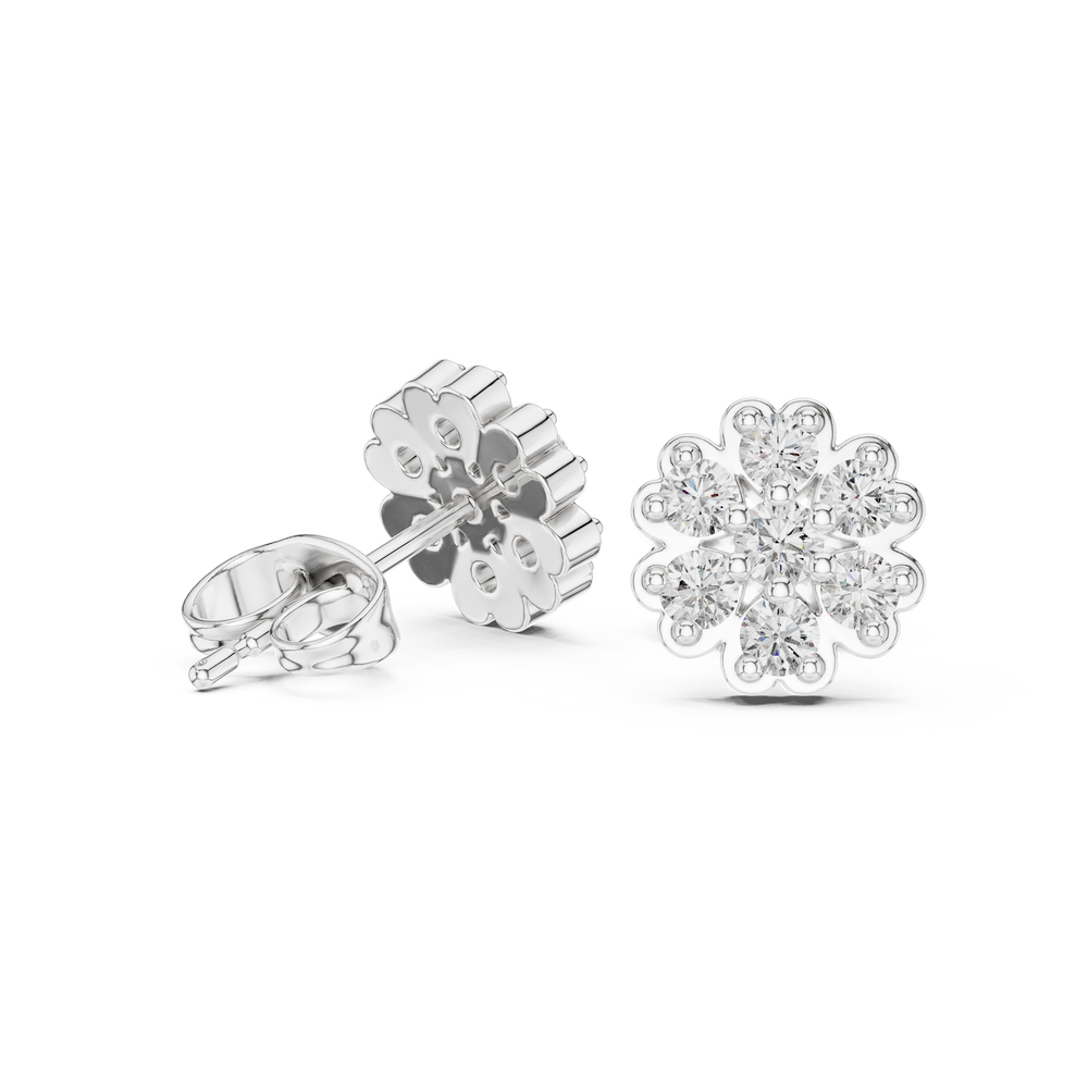 Snowflake cluster stud earrings with scalloped edge and sparkling stone detailing