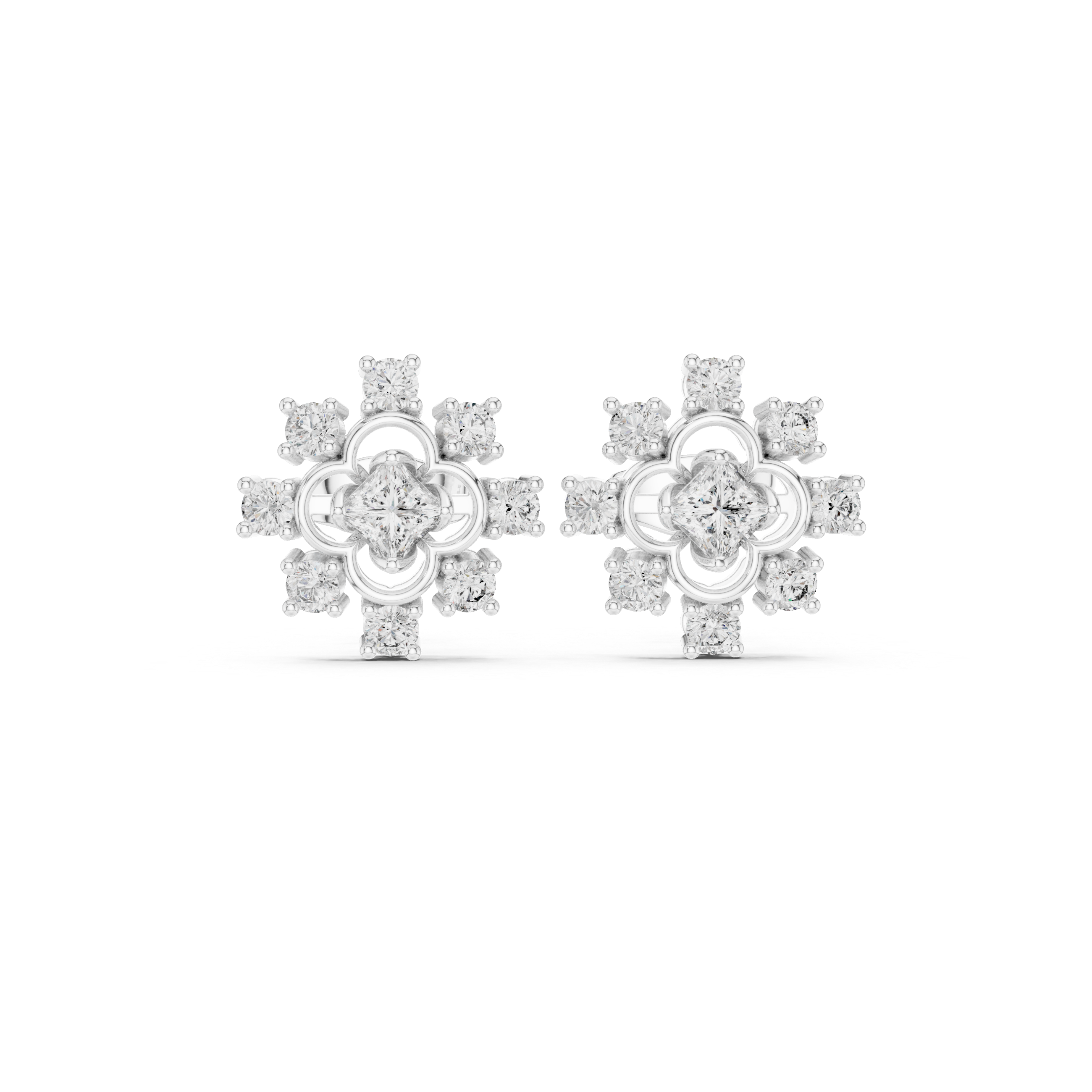 Snowflake cross cluster stud earrings with four petal floral centre in open circle frame and round stone cross pattern surround