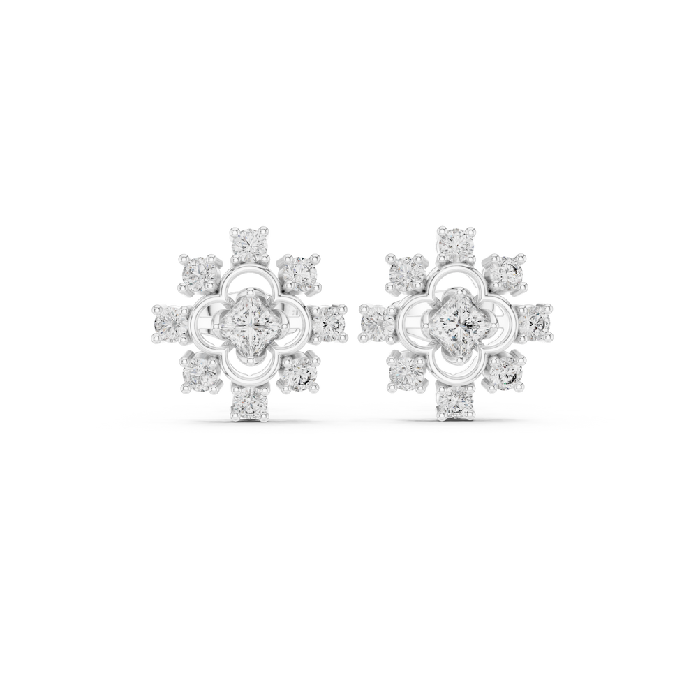 Snowflake cross cluster stud earrings with four petal floral centre in open circle frame and round stone cross pattern surround
