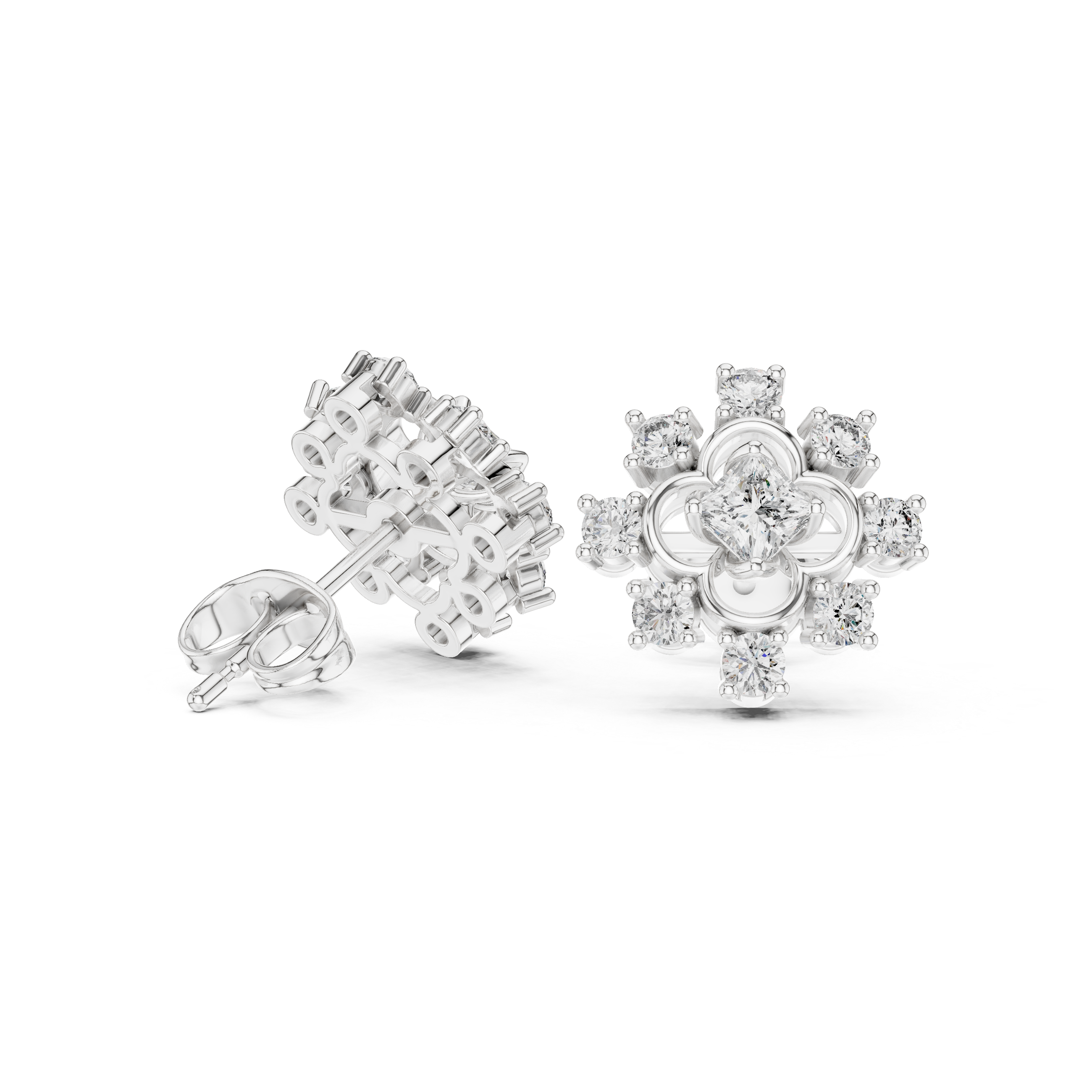 Snowflake cross cluster stud earrings with four petal floral centre in open circle frame and round stone cross pattern surround