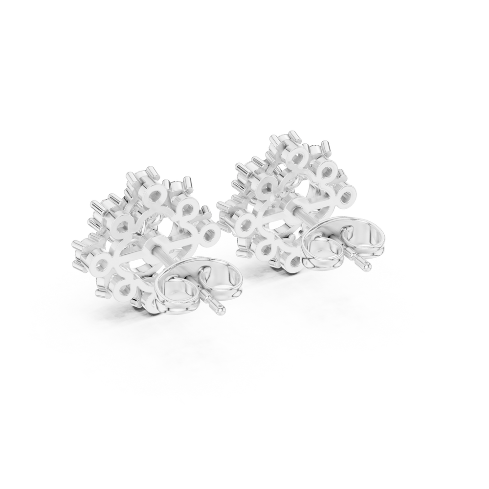 Snowflake cross cluster stud earrings with four petal floral centre in open circle frame and round stone cross pattern surround