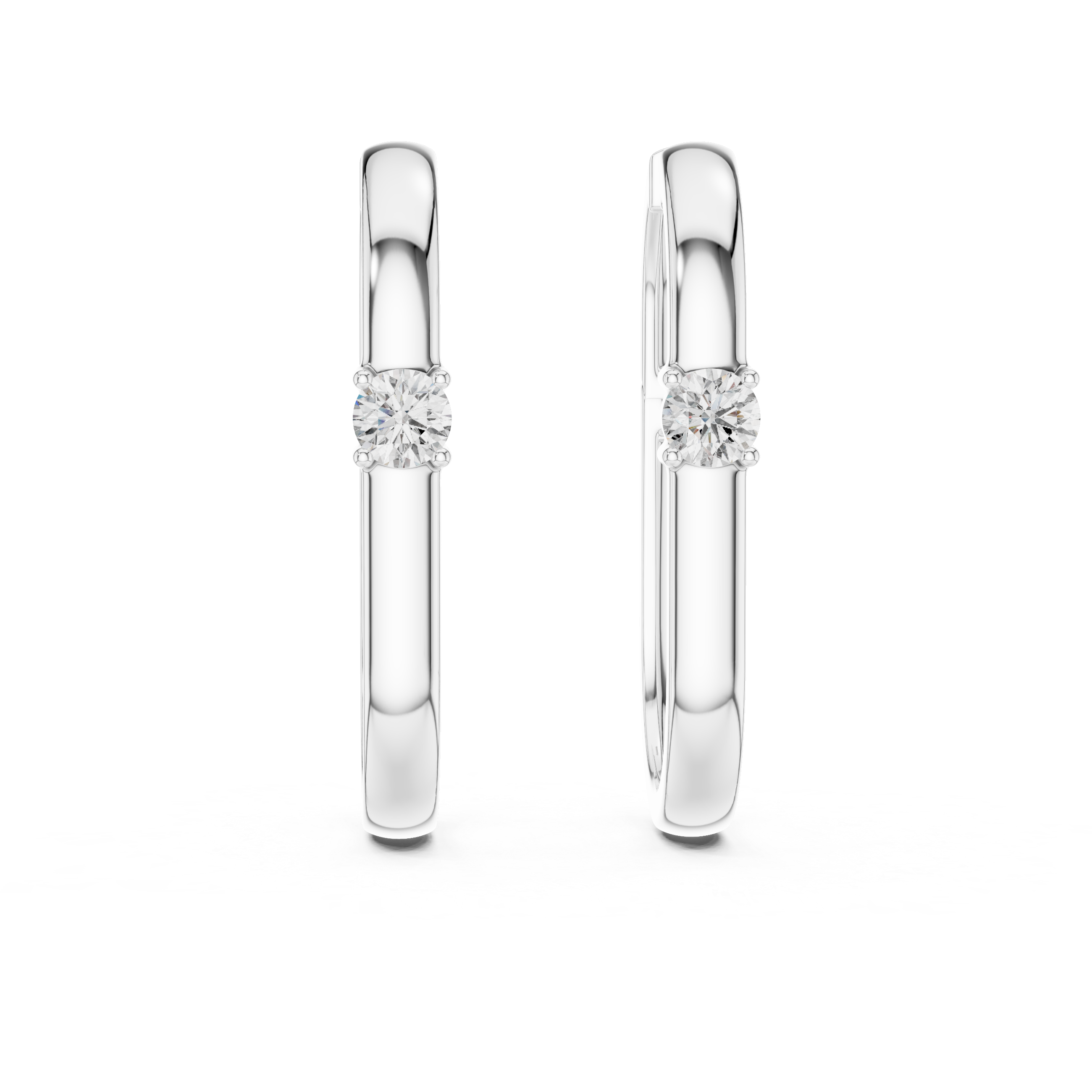 Solitaire accent plain huggie earrings with smooth polished wide band and single prong set round stone