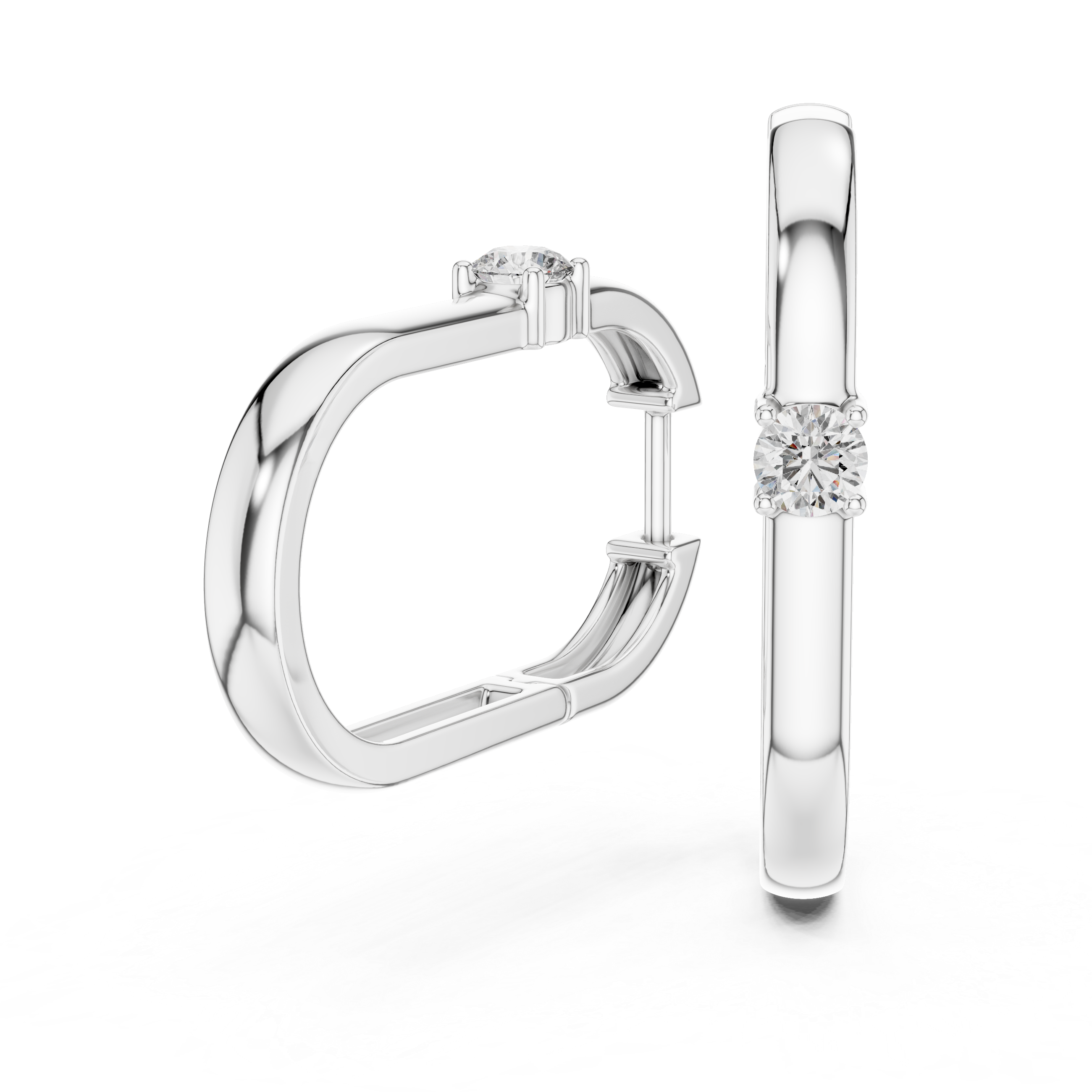 Solitaire accent plain huggie earrings with smooth polished wide band and single prong set round stone