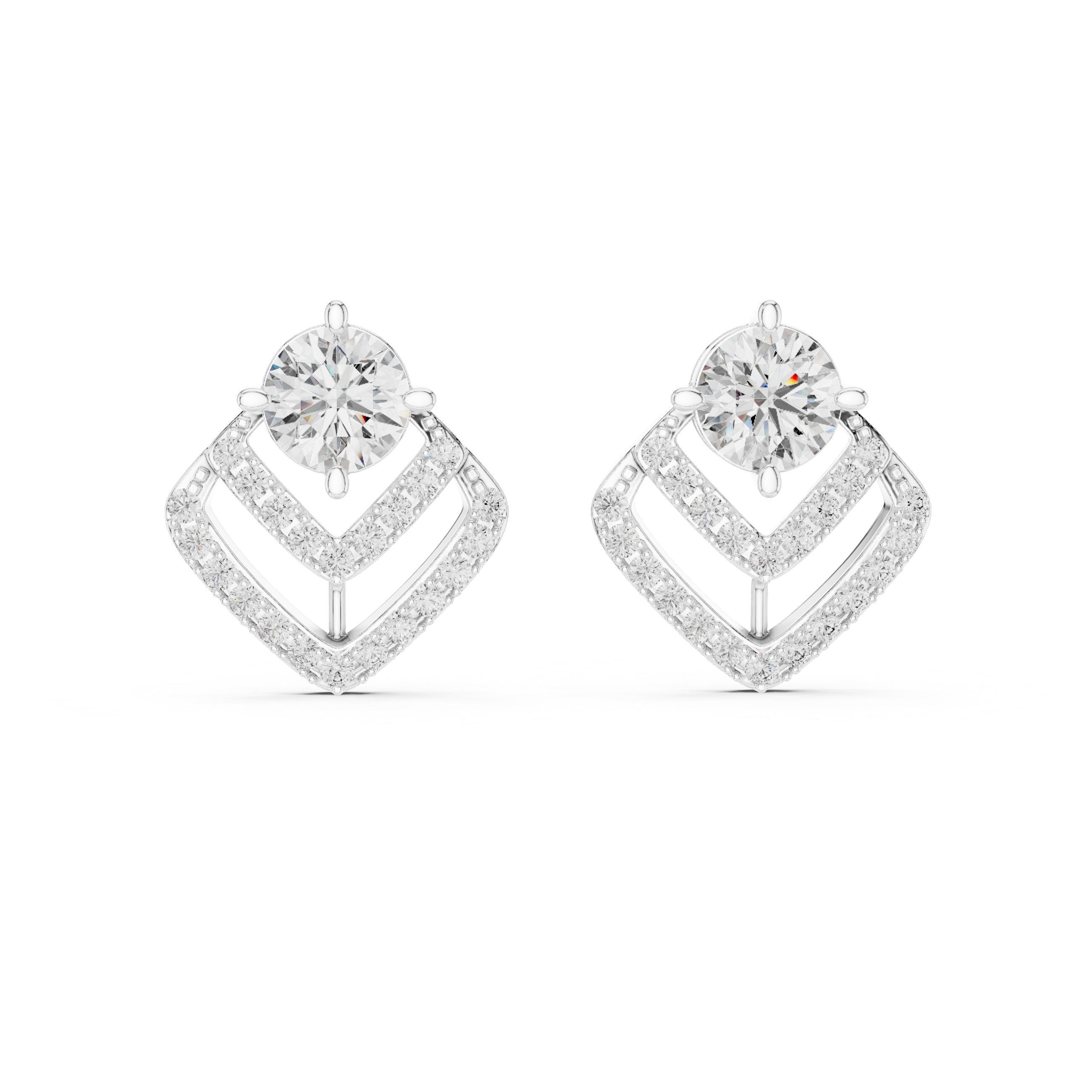Prong-set round brilliant solitaire stud earrings with a double stone-set chevron drop jacket below